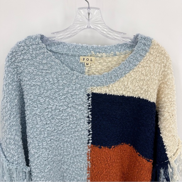 Pol Fringed Color Block Popcorn Knit Patchwork Oversized Sweater Blue Size M - Picture 4 of 11